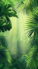 Fototapeta premium Lush tropical rainforest with sun rays filtering through palm leaves, exotic green ambiance 