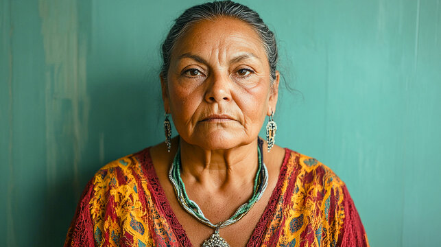 Retrato de mujer latina mayor con expresi&oacute;n seria y vestimenta tradicional frente a una pared verde


