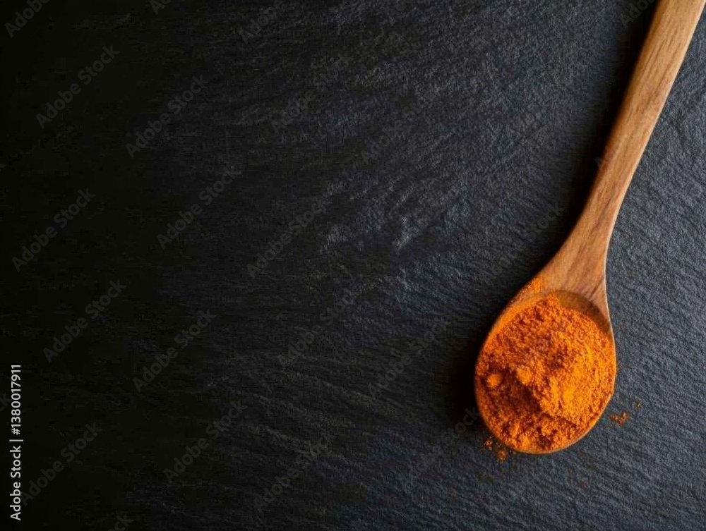 Poster a wooden spoon filled with vibrant turmeric powder rests on a dark slate surface, creating a strikin