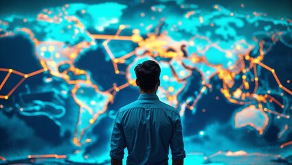 Obraz premium Global Connectivity A Man Contemplating the World's Interwoven Networks