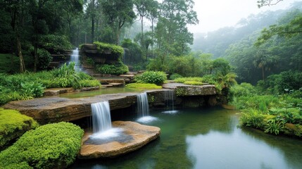 Tranquil waterfall garden scene