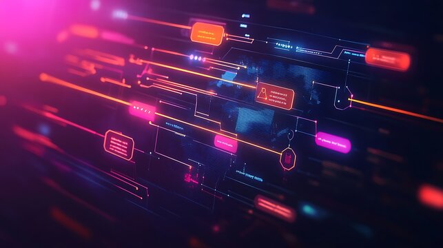 Abstract flowchart visualizing marketing campaign stages, flowing line with waypoints: Idea, Content, Target, Ads, Revenue, set over a gradient tech background, Created Using: flow diagram toolkit,