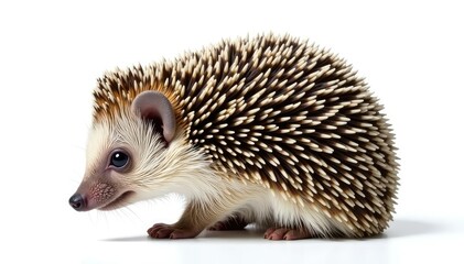 Fototapeta premium Small hedgehog, curled in defensive posture, isolated on pure white background, rodent, insectivore