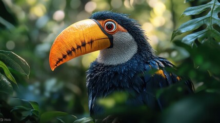 Obraz premium Vibrant toucan in lush foliage with striking orange beak