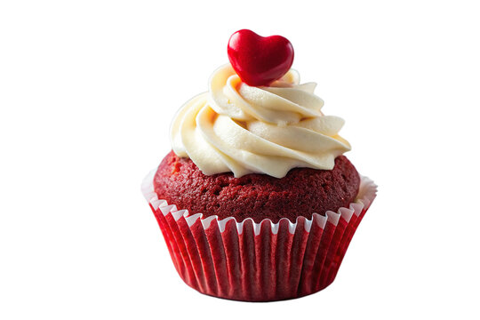A delicious red velvet cupcake with creamy frosting and heart decoration for sweet dessert on white background