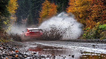 A red race car speeds through a muddy puddle of water