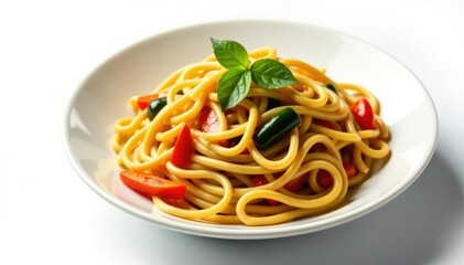 Stir-fried noodles with vegetables on white background, bowl, plate
