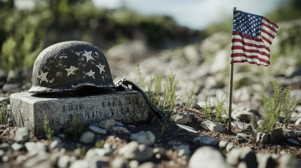 A military helmet and flag resting on a memorial outdoors