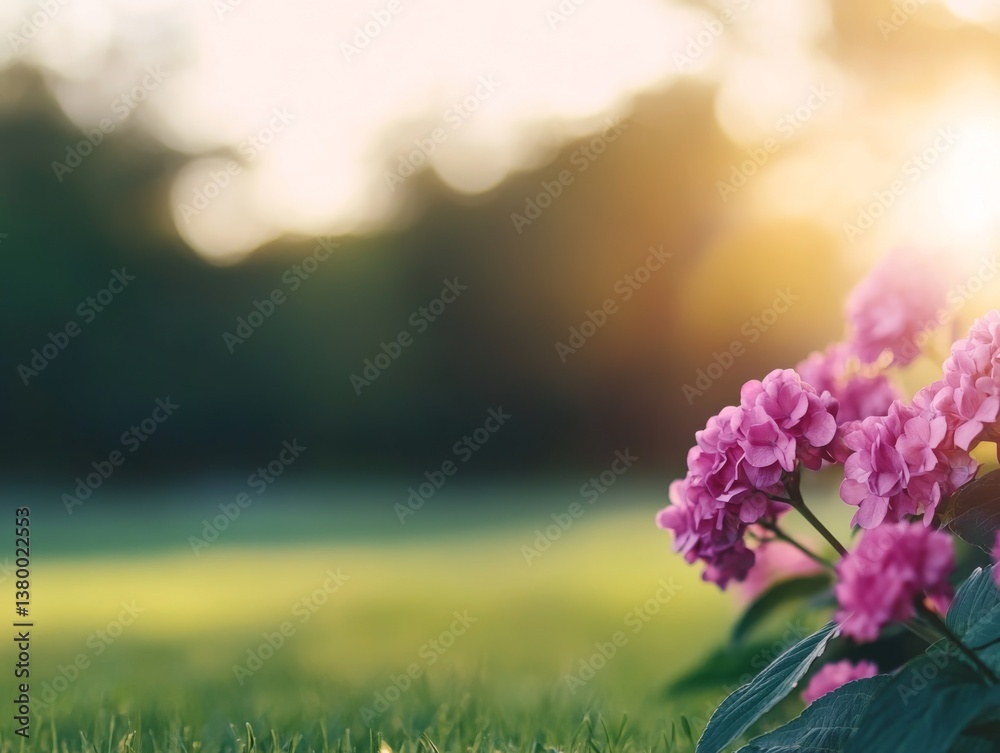Poster Pink hydrangea bloom stands out against a soft golden bokeh background, creating a serene and inviting atmosphere perfect for branding or personal projects