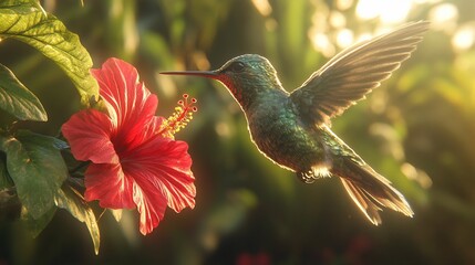 Naklejka premium Hummingbird feeding on hibiscus, tropical garden, sunset