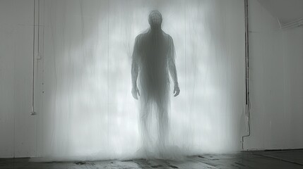 Silhouette figure in translucent curtain