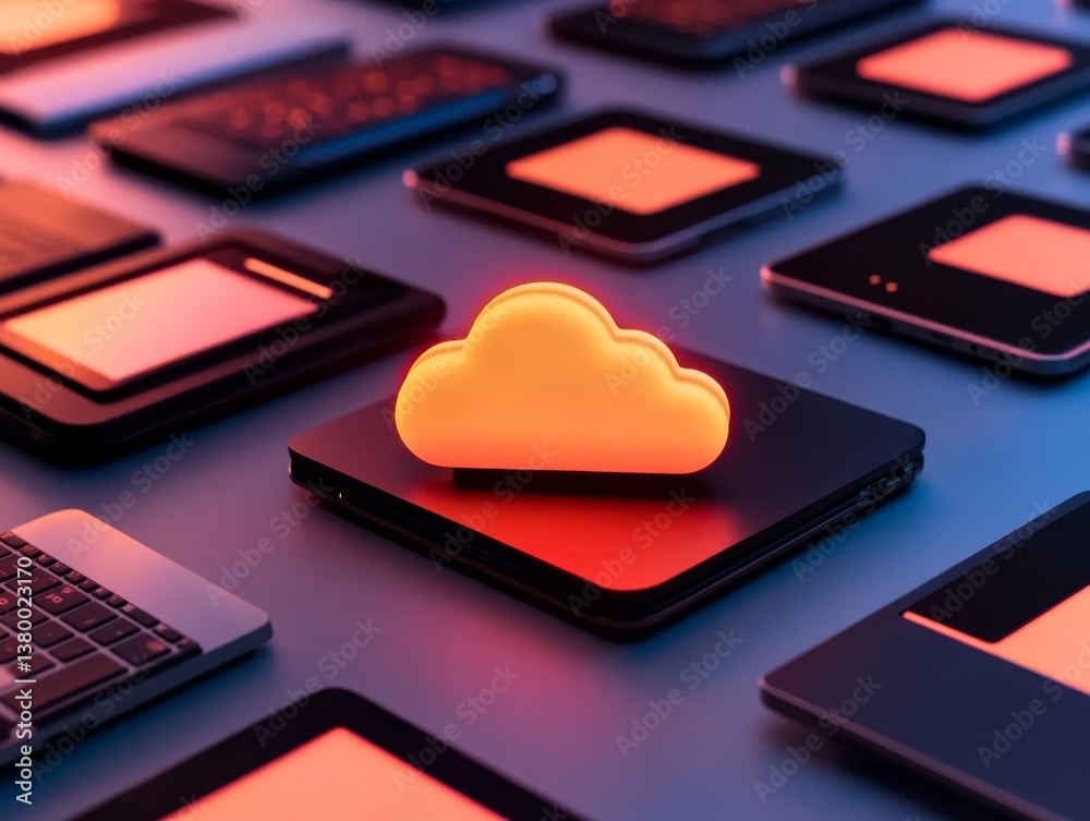 Aufkleber A glowing cloud icon stands centrally on a dark device, linked by dynamic lines to multiple devices, showcasing the concept of connected technology