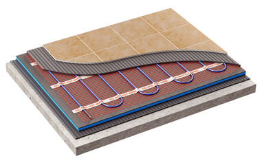 Bathroom floor heating system section - 3D illustration
