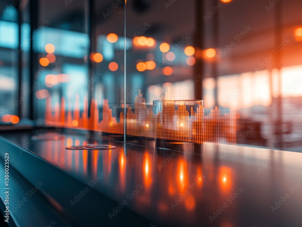 Poster Blurry bokeh lights blend with faint financial graphs and currency symbols, illustrating futuristic fintech innovation in a modern setting with ample copy space