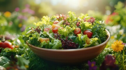Fresh garden salad with cherry tomatoes in sunlit meadow setting