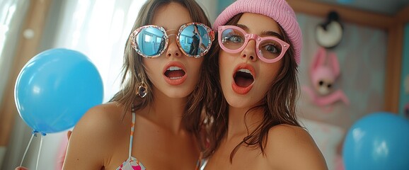 Two women in swimwear and sunglasses, celebrating with balloons