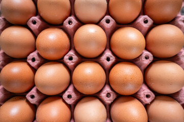 Fresh brown eggs filling a pink carton forming a regular pattern