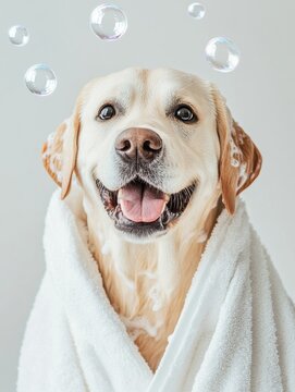 Happy dog wrapped in a towel after a bath enjoys playful soap bubbles in a joyful atmosphere with a bright white background