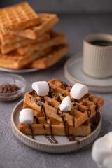 photo Delicious golden waffles topped with fluffy marshmallows and rich chocolate drizzle served on a ceramic plate accompanied by a hot cup of coffee for a perfect breakfast treat