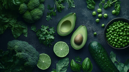Dark Moody Flat Lay of Green Vegetables and Limes