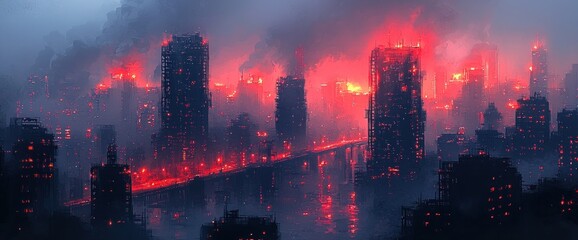 Naklejka premium Post-apocalyptic cityscape in fiery mist