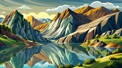 Serene lake reflecting rocky hills in rural , wonderful springtime landscape in mountains