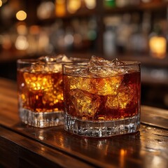 Two Glasses of Whiskey on a Wooden Bar