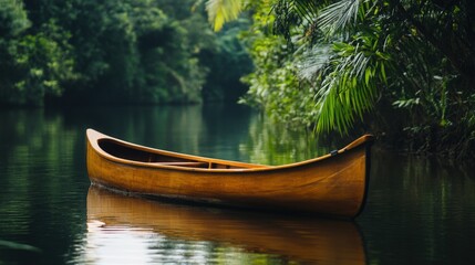 Wooden Canoe Floating on Jungle River Surrounded by Lush Green Tropical Vegetation