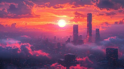 Futuristic city sunset