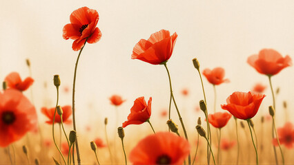 Obraz premium A field of vibrant red poppy flowers gracefully dances in a gentle breeze, bathed in warm, soft sunlight. The scene evokes a sense of peacefulness and natural beauty.