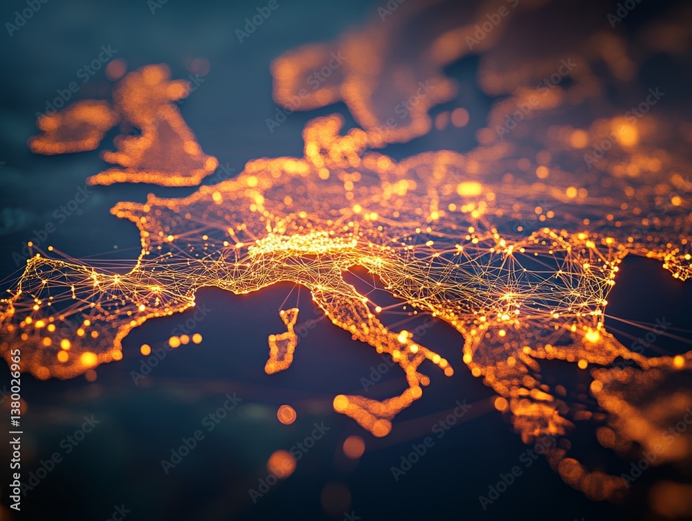 Poster A vivid digital constellation map of Europe displays glowing lines and nodes representing data networks, set against a dark blue gradient with space for text