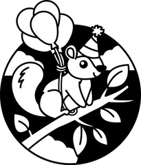 isolate black and white illustration of Squirrel wearing a party hat and having balloons wrapped around it
