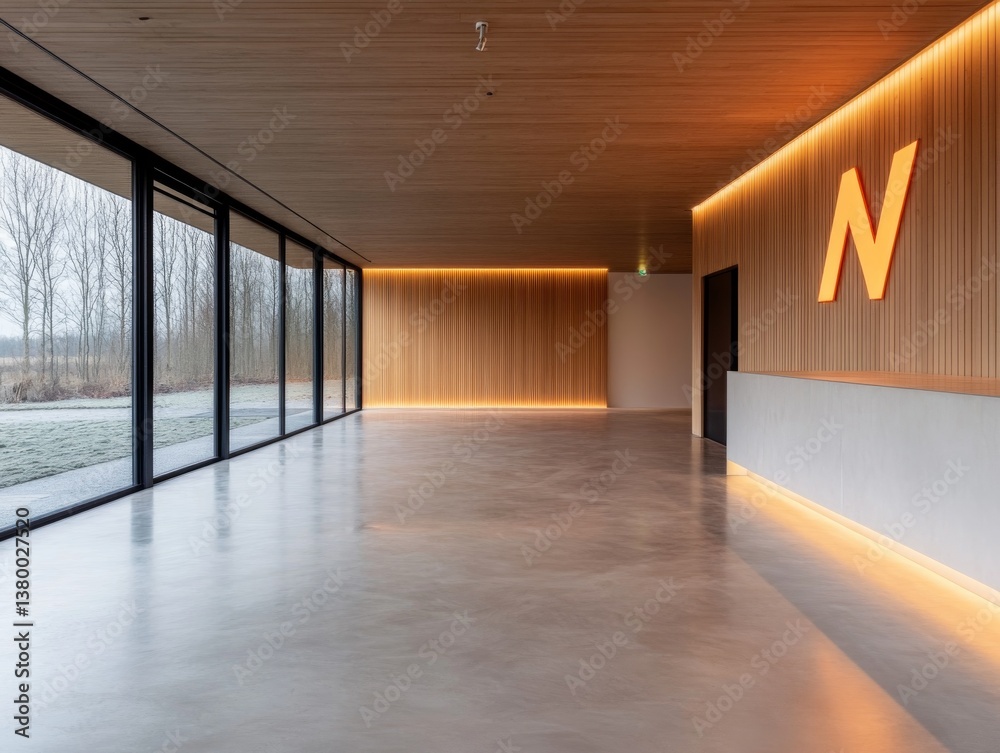 Poster brightly lit basement features a sleek white countertop and minimalist staircase, showcasing modern 