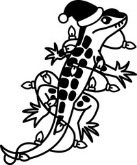 Fototapeta premium isolate black and white illustration of Lizard with Santa hat and wires wrapped around body