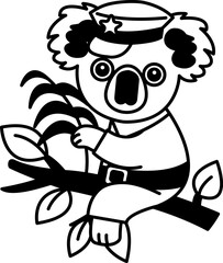 isolate black and white illustration of  Koala in police uniform