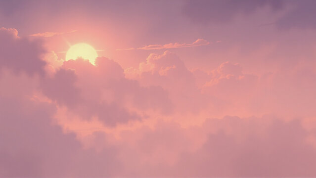 Gentle pink sun glowing behind soft clouds.  Dreamy and peaceful sky filled with pastel hues of pink and white creates a serene atmosphere.