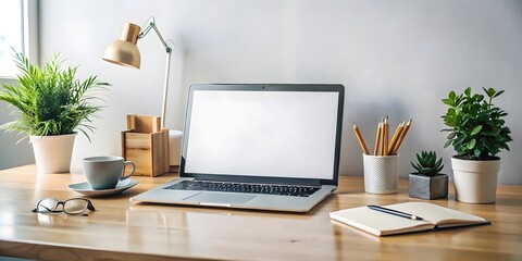 Stylish Laptop on Work Table with Flowers, Stationery, and Decorative Elements - Home and Office Setup