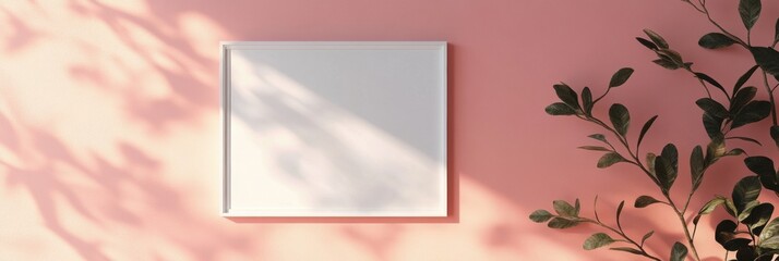Decorative white frame against pastel wall showcasing plant shadows and inviting blank space for creative expression
