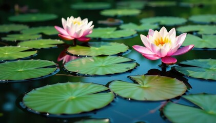 Water lilies forming a floral pattern across a lake's surface, background, still