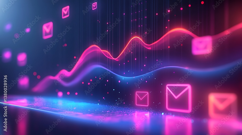 Wall mural email marketing dashboard with open rate chart rising, sleek line graph design, glowing email icons 