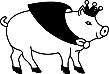 isolate black and white illustration of Pig with crown and cape