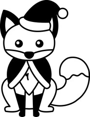 isolate black and white illustration of Fox in a Santa costume