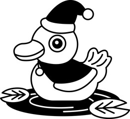 isolate black and white illustration of Duck with Santa hat and red cape