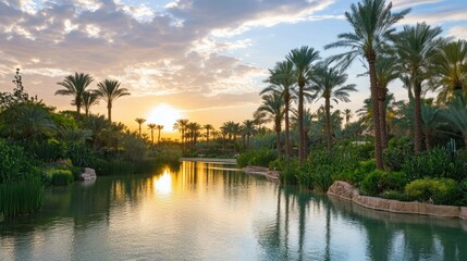 Fototapeta premium Sun setting over a tranquil pond surrounded by palm trees