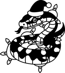isolate black and white illustration of Snake wearing a Santa hat and having wires wrapped around it