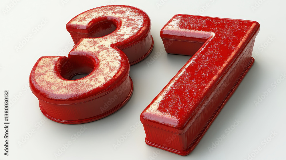 Poster 3d red textured numbers 3 and 7 isolated on white background for design concepts