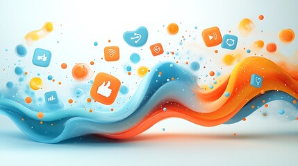 Naklejka premium Floating infographic of an abstract curved chart, growing wave of engagement icons like thumbs-up and megaphones, digital blue and orange palette, soft shadows, Created Using: modern flat UI style,