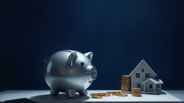 Saving money with a piggy bank to invest in a house. Coins are scattered near a miniature house model, symbolizing financial planning for homeownership.