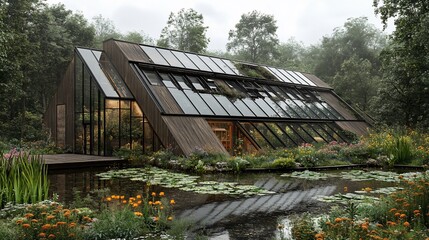 Modern Eco-House with Greenhouse in Forest