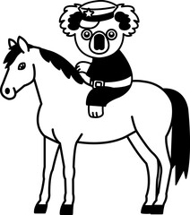 isolate black and white illustration of Koala in police uniform riding horse